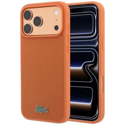 Image de Coque Lacoste pour iPhone 17 Pro Max / 18 Pro Max, compatible MagSafe, en similicuir texturé, couleur orange, avec logo métallique