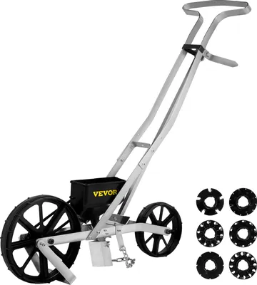 Obrázek produktu pro VEVOR Sada pro setí semen, hliník + ABS, ruční sada pro setí semen, 6 vkládacích desek, jednoradová výsadbová sada, výškově nastavitelná (78-84 cm), sadící zařízení s rozestupem 6 cm, přední kolo 5 cm, zadní kolo 5 cm, ideální pro semena jako kukuřice, pažitka, špenát, mrkev