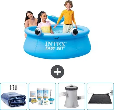 Productafbeelding van Intex Rond Zwembad - Opblaasbaar - 183 x 51 cm - Blauw - Walvismotief - Met zonnecover - Inclusief onderhoudspakket - Zwembadpomp - Zonnemat