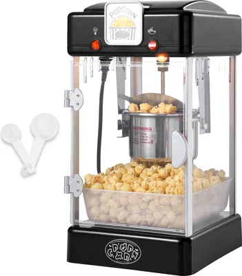 Immagine prodotto di Macchina per popcorn SucceBuy, macchina per popcorn da 300 W, bollitore da 2,5 oz che produce 4 QT per carico, macchina per popcorn da tavolo con sportello in PP, incl. 2 palette e vassoio, stile cinema, nero