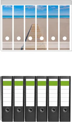 Produktbild von Wallario 6 Stück breite Ordner inkl. Klebeetiketten mit Motive Auf dem Holzweg zum blauen Meer -  Set mit Rückenschildern / Ordnerrücken Stickern