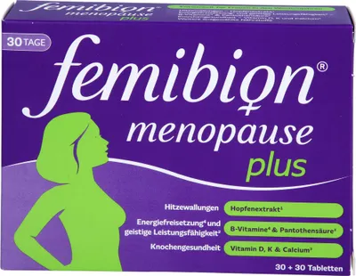 The image shows the front of a product box for Femibion Menopause Plus tablets.