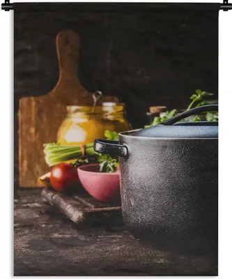 Produktbild von MuchoWow® Wandteppich Wandbehang Rustikal - Stilleben - Pfanne - Gemüse 90x120 cm Tapisserie Dekoration Wandtuch - Wanddeko