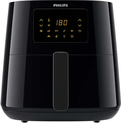 A black Philips air fryer is shown from the front.