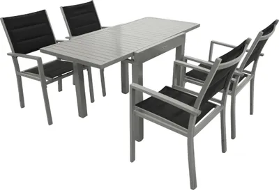 Produktbild von TPFGarden GARTEN-GARNITUR Ashford - 5-teilige Garten-Essgruppe (4x Sessel Aluminium silbergrau + Textilgewebe gepolstert schwarz, 1x Balkon-Ausziehtisch 70/140x70cm, Aluminium silbergrau)