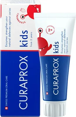 A product shot of Curaprox kids toothpaste and its packaging.