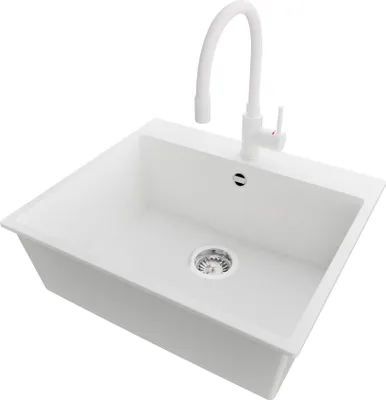 Produktbild von PRIMAGRAN Granitspüle Weiß 58x50cm, Spülbecken 1 Becken + Küchenarmatur 38x14cm + Ablauf-Set, Küchenspüle ab 60er Unterschrank - Riga