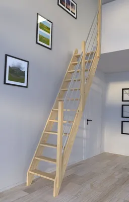 Produktbild von Raumspartreppe Fichte 3000 gerade-Holz-Edelstahl Geländer rechts