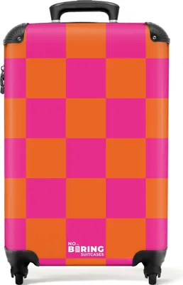 Produktbild von NoBoringSuitcases.com® Koffer Handgepäck Trolley Rollkoffer Kleine Reisekoffer mit 4 Rollen - Rosa mit orangefarbenem Schachbrettmuster - Cabin Size < 55x40x23 cm & 55x40x20 cm - Fotokoffer - Kabinenkoffer - BoardgepäckHandgepäck Koffer 55x35x20 cm, 36L,