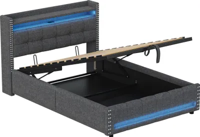 Produktbild von STILVORA Polsterbett 140x200 Doppelbett mit  LED-Beleuchtung,Stauraumbett mit USB-Steckdose und Bettkasten/Kopfteil Stauraum,Grau(Ohne Matratze)