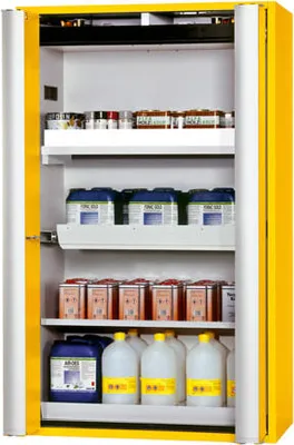 Produktbild von Sicherheitsschrank Typ 90 - Falttüren - ca. 2 x 1,2 x 0,6 m (HxBxT) - 3 Wannenböden - lichtgrau - PP grau