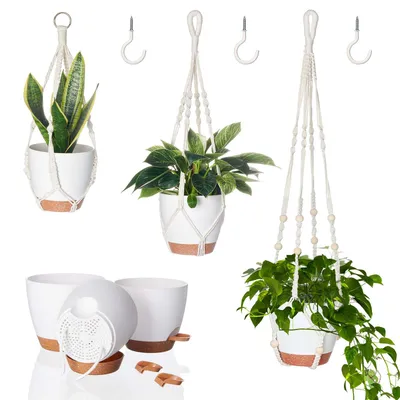 Produktbild von Bamworld Makramé-Hängekörbe mit 3 Töpfen Innen/Außen Boho Balkon-Deko Raumdekoration