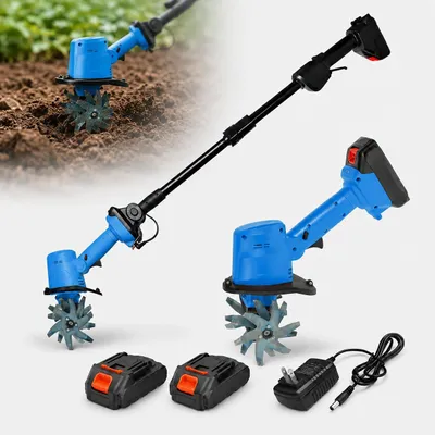 Produktbild von 2-in-1 Akku-Bodenfräse, 100mm, elektrische Gartenfräse Mit 2 Stangen, 235 U/min, batteriebetriebener Rototiller für Gartenarbeit, 2 Akku und Ladegerät
