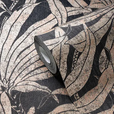 Produktbild von Edle Mustertapete mit Dschungelblütendesign– Schwarz, Gold, Bronze