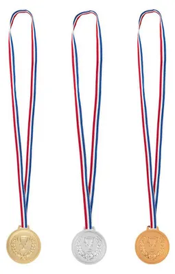 Imagen del producto de 3 medallas en un cordón: oro, plata, bronce