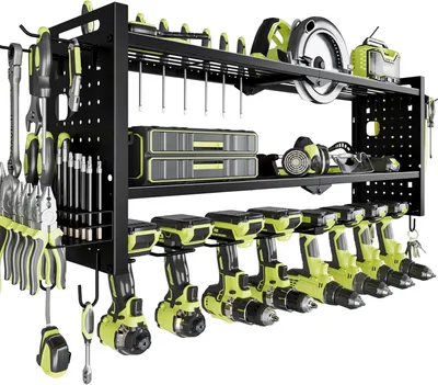 Produktbild von FABATO 3-Ebenen Werkzeug-Wandhalterung Schwarz mit 8 Akku-Haltern, Ordnungssystem für Werkzeuge und Akkugeräte im Garage & Workshop