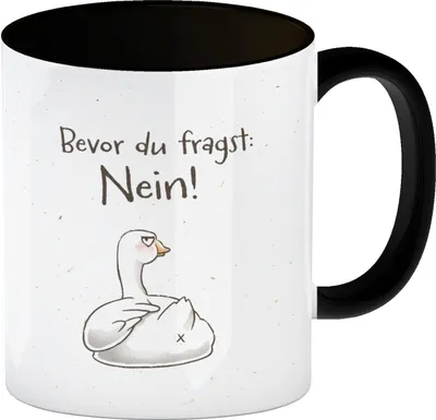 Produktbild von Gilbert die Gans Kaffeebecher in schwarz mit Spruch Bevor du fragst Nein