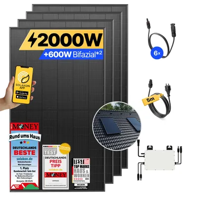 Produktbild von Balkonkraftwerk 2000W Solaranlage mit Ziegeldach Halterung (Einzelmontage) Steckerfertig Komplettset Photovoltaik Anlage 800W, Kabellänge: 5m, Solakon