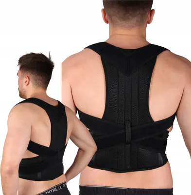A man wearing a black back posture corrector, shown from the back and side.