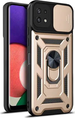 A product shot of a phone case with a ring stand and camera cover.