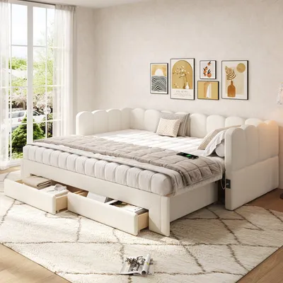Immagine prodotto di Letto imbottito Flieks 90x200 cm con letto estraibile, divano letto Daybed con USB e Type-C, letto per ragazzi Daybed con 2 cassetti, lino, beige