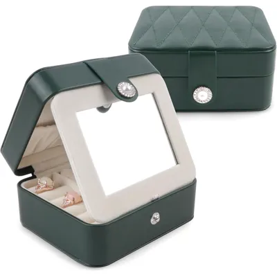 Productafbeelding van Reisaccessoire/Sieradendoosje, draagbaar, met spiegel, van Polyurethanleer, lichtgroen, 12,5 x 10,5 x 6 cm