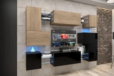 Produktbild von Furnitech Wohnwand Wohnzimmer - Wohnzimmer Möbel mit LED Blau - Hängend Wohnwand Modern - Regale und TV Schrank (Albania AN3N-21SB-HGM34-1B)