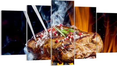 Produktbild von Bild auf Leinwand - Leinwandbild - Steak Grill Flammen Essen - 160x85cm - Wand Bild - Wanddeko - Leinwanddruck - Bilder - Kunstdruck - Wanddekoration - Leinwand bilder - Wandkunst - EA160x85-2865