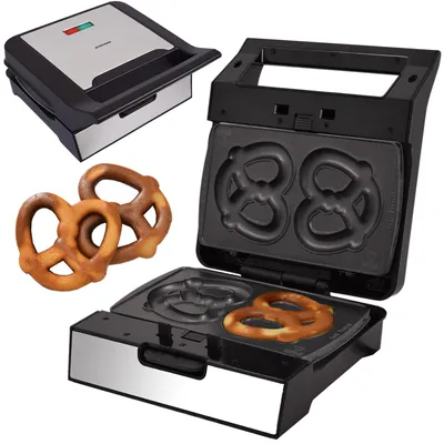 Produktbild von Syntrox Germany Kontaktgrill XXL Plovas – Panini Maker, Elektrogrill mit Keramikbeschichtung, 1800 Watt, abnehmbare Grillplatten (Brezel)
