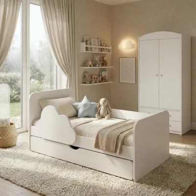 Image de Lit d'enfant « Wolke » 140 x 70 cm, blanc | Ensemble complet comprenant un matelas, un tiroir et une barrière de sécurité | Lit junior