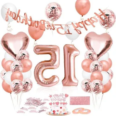 Immagine prodotto di Palloncino in foil color oro rosa per il 15° compleanno - Enorme decorazione di compleanno con il numero 15 - Decorazioni di auguri per donne.