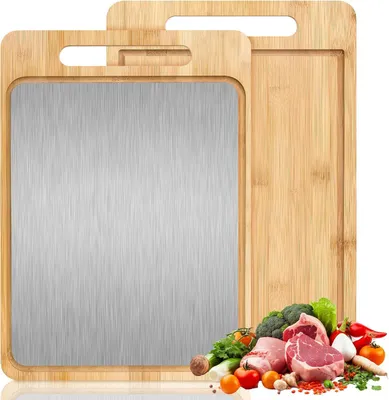 Produktbild von Schneidebrett 39 x 28 x 1.5 cm, Bambus und Edelstahl 304, Saftrille, antiderivativ, für Küche