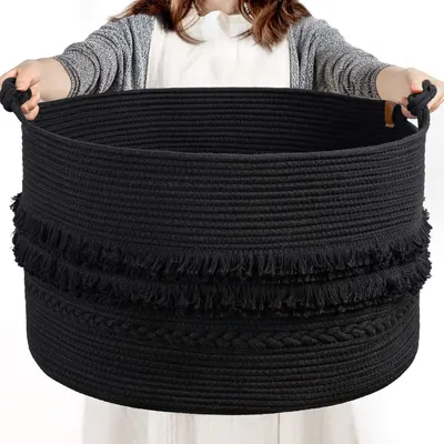 Produktbild von Extragroßer schwarzer Wäschekorb, Aufbewahrungskorb aus Seil für Badezimmer, Schlafzimmer, Wohnzimmer, Eingangsbereich, großer Deckenkorb für Kissen, Spielzeug, Kleidung, 56 x 35,6 cm