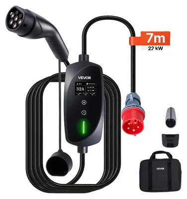 Productafbeelding van VEVOR mobiele laadpaal, 22 kW, 32 A, Type 2 laadstation voor elektrische voertuigen, 3-fasen lader met 7 meter laadkabel, CEE32-stekker, LCD-scherm, IP66-behuizing, geschikt voor elektrische voertuigen