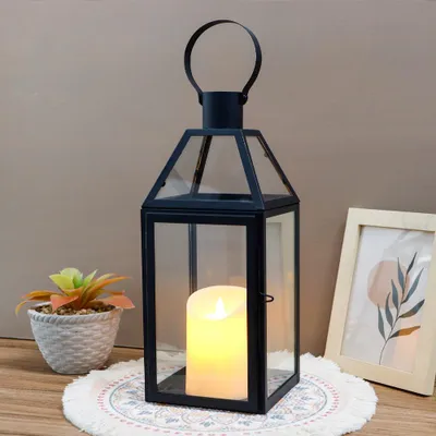Zdjęcie produktu dla Lampion na świece, kwadratowy - czarny - 14x15x34 cm - żelazo i szkło