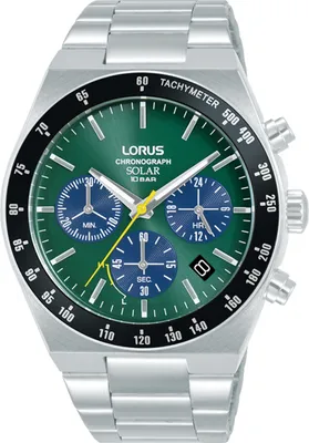 A close-up studio shot of a Lorus chronograph solar watch.