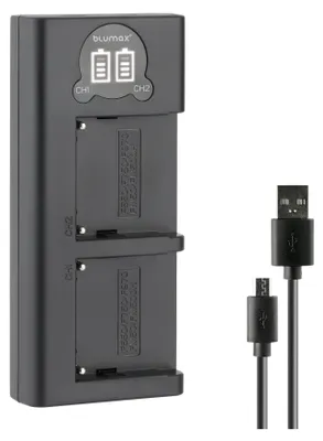 Produktbild von Blumax Dual LCD Ladegerät | für Sony NP-F970/NP-F750/NP-F550 Laden über USB-C oder Micro-USB