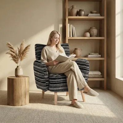 Obrázek produktu pro LVHOM Relaxační křeslo s látkou bouclé, Ergonomické čalouněné křeslo s bočními kapsami, Křeslo s dřevěnými nohami, Křeslo s nosností do 230 kg, černé