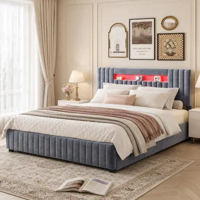 Productafbeelding van INONEFT Boxspringbed 160x200 cm, hydraulisch verstelbaar bed met opbergruimte, LED-verlichting en USB-poorten, gestoffeerd bed met hoofdeinde, tweepersoonsbed, jeugdbed, fluweel, grijs