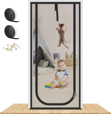 Produktbild von Verbesserte, verstärkte Fliegengittertür für Katzen, 81,3 x 208,3 cm, strapazierfähige, haustiersichere Fliegengittertür mit Zwei-Wege-Reißverschlüssen, verhindert, dass Hunde und Katzen aus dem Haus, Schlafzimmer, Wohnzimmer oder der Terrassentür in der Küche weglaufen