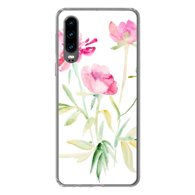 Produktbild von MuchoWow® Handyhülle Schutzhülle Hülle für Huawei P30 Blumen - Aquarell - Rosa Silikon Softcase Handy Hülle - Kartenbesitzer