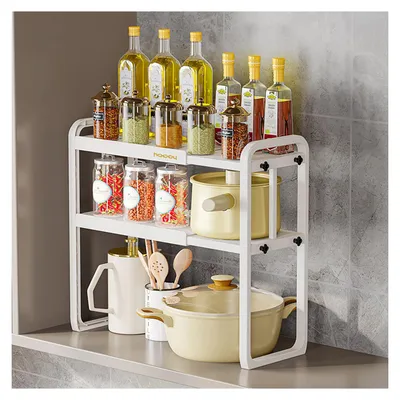 Produktbild von Tisch-Küchen-Aufbewahrungsregal, weißer Kunststoff, doppellagig, Teleskop-Regal, Organizer für Zuhause, Herd, Waschbecken, 8512 2