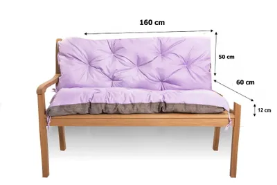 A bench cushion set on a wooden bench against a white background, with dimensions indicated by lines and text.