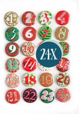 Produktbild von Adventskalenderzahlen Buttons Blech 1–24 Rot-Grün Ø 2,5 cm Weihnachten