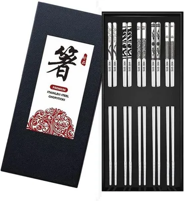 Productafbeelding van Herbruikbare roestvrijstalen eetstokjes - 5 paar metalen chopsticks met antislip en vaatwasmachinebestendig