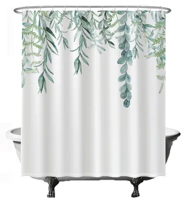 Produktbild von Duschvorhang mit Hängepflanzenmotiv – 180 x 200 cm – Waschbar – Schimmelresistent – Mit 12 weißen Ringen – Grün