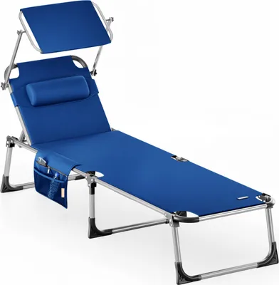 Image de CASARIA® Chaise longue de jardin Malta Bleu 210cm Transat avec Pare-soleil réglable bain de soleil pliable de plage camping