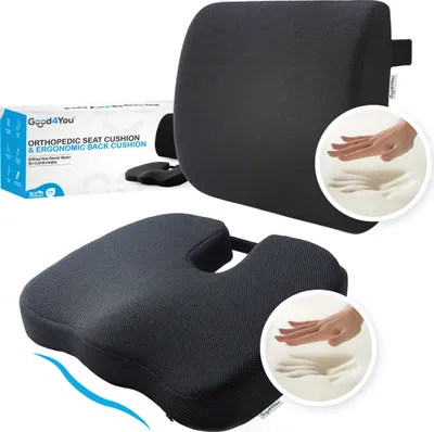 A product shot of an orthopedic seat cushion and an ergonomic back cushion, with a box in the background and close-up insets showing the texture of the foam.