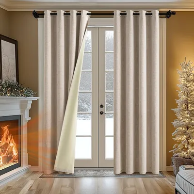 Image de Rideaux occultants à œillets, aspect lin, lot de 2, 245 x 140 cm, rideau beige, occultant avec œillets, rideaux thermiques, rideaux isolants contre le froid, salon, chambre, isolation thermique