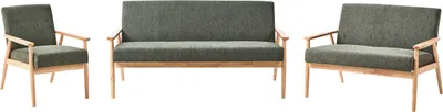 Produktbild von BELIANI 6-Sitzer Sofa Set Grün u. Hellbraun Stoffbezug Gepolstert mit Holz Armlehnen Retro Stil Sitzgarnitur Couchgarnitur Sitzgruppe 3-Teilig 3+2+1